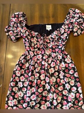 Floral Puff-Sleeve Mini Dress in Black with Pink Blooms Sky to Moon